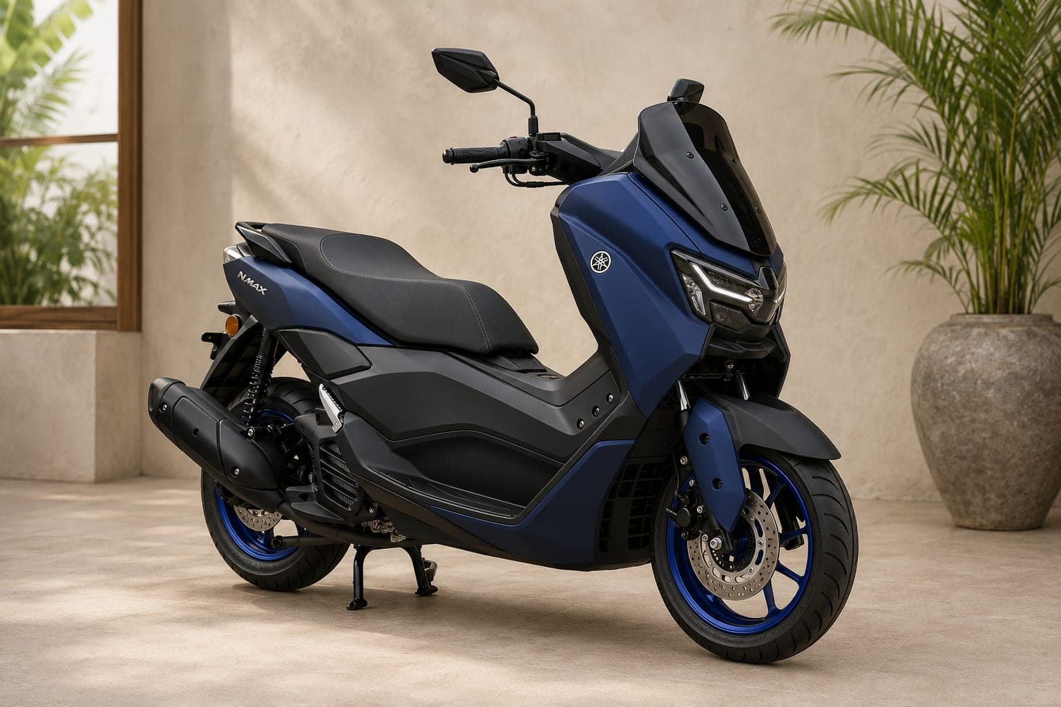 Yamaha NMax Neo 155 automatic scooter in matte blue, side view