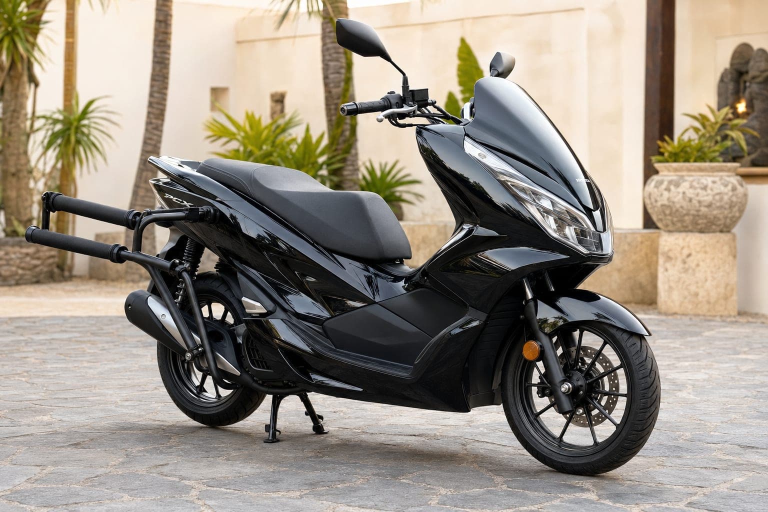 Honda PCX 160 in black fitted with a rear surf rack, available for rent in Bali