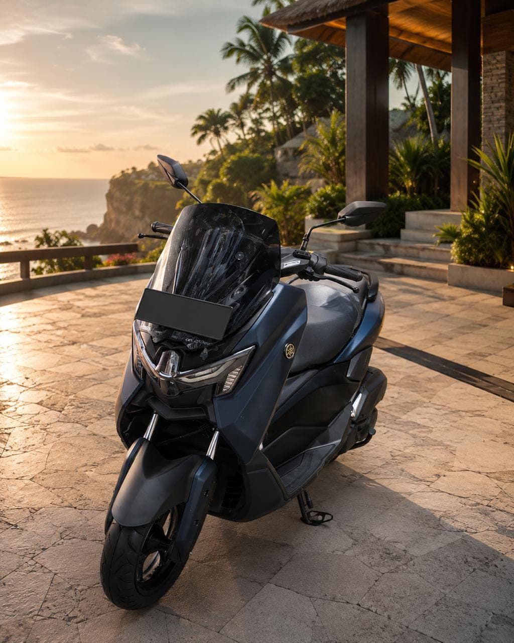 Yamaha NMAX 155 in matte navy with a smoked windscreen, available for rent in Bali