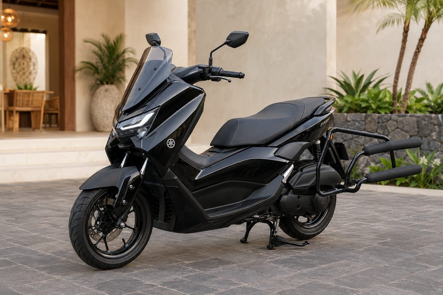 Yamaha NMAX 155 in black fitted with a rear surf rack, available for rent in Bali