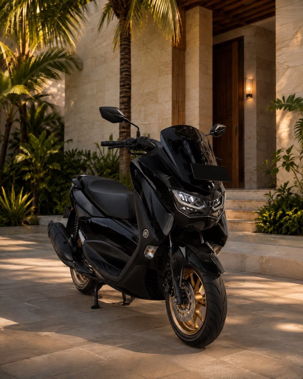 Yamaha XMAX 250 in gloss black with gold wheels, available for rent in Bali